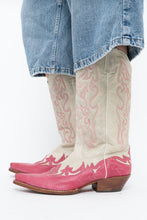 Load image into Gallery viewer, Vintage x Made in Mexico x Cream, Pink Embroidered Leather Cowboy Boots (9-10W)