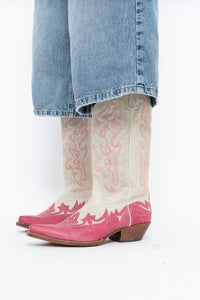 Vintage x Made in Mexico x Cream, Pink Embroidered Leather Cowboy Boots (9-10W)