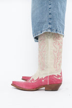 Load image into Gallery viewer, Vintage x Made in Mexico x Cream, Pink Embroidered Leather Cowboy Boots (9-10W)