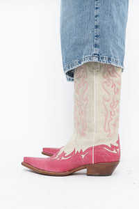 Vintage x Made in Mexico x Cream, Pink Embroidered Leather Cowboy Boots (9-10W)