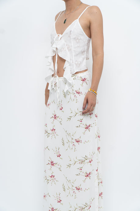 Vintage x Made in Portugal x White Floral Maxi Skirt (XS-M)