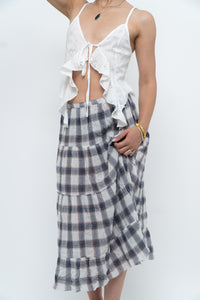 Vintage x Lightweight Plaid Tiered Midi Skirt (XS-M)