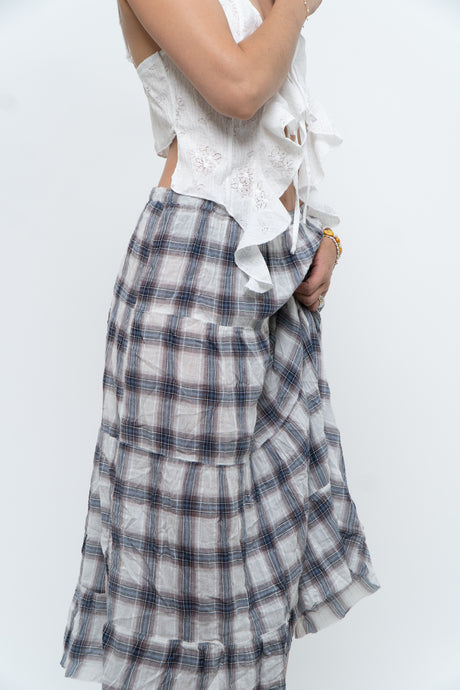 Vintage x Lightweight Plaid Tiered Midi Skirt (XS-M)