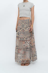 Vintage x GERRY WEBBER Tiered Patterned Chiffon Maxi Skirt (L, XL)