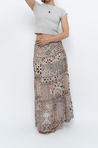 Vintage x GERRY WEBBER Tiered Patterned Chiffon Maxi Skirt (L, XL)