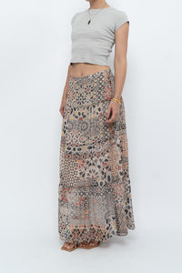 Vintage x GERRY WEBBER Tiered Patterned Chiffon Maxi Skirt (L, XL)