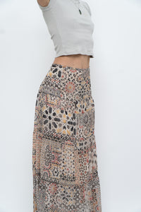 Vintage x GERRY WEBBER Tiered Patterned Chiffon Maxi Skirt (L, XL)