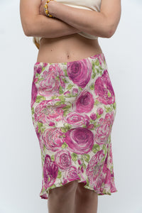 Vintage x Pink, Green Rose Patterned Silk Midi Skirt (M, L)