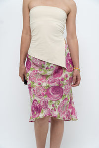 Vintage x Pink, Green Rose Patterned Silk Midi Skirt (M, L)
