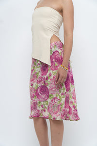 Vintage x Pink, Green Rose Patterned Silk Midi Skirt (M, L)