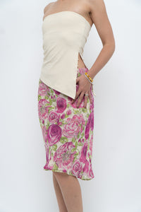 Vintage x Pink, Green Rose Patterned Silk Midi Skirt (M, L)