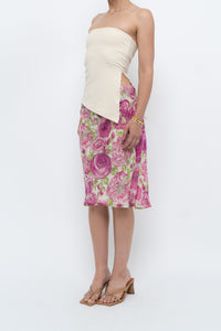 Vintage x Pink, Green Rose Patterned Silk Midi Skirt (M, L)
