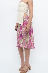 Vintage x Pink, Green Rose Patterned Silk Midi Skirt (M, L)