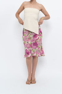 Vintage x Pink, Green Rose Patterned Silk Midi Skirt (M, L)
