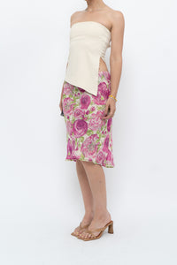 Vintage x Pink, Green Rose Patterned Silk Midi Skirt (M, L)