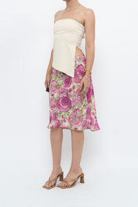 Vintage x Pink, Green Rose Patterned Silk Midi Skirt (M, L)