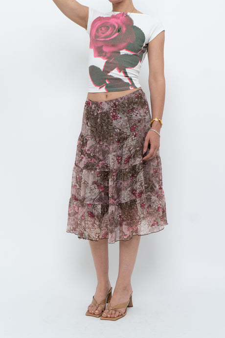 Vintage x Brown, Pink Floral Tiered Midi Skirt (S-L)
