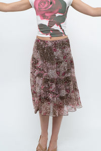 Vintage x Brown, Pink Floral Tiered Midi Skirt (S-L)