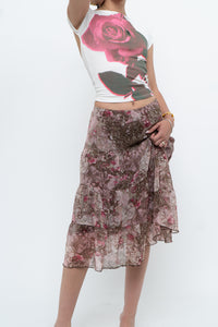 Vintage x Brown, Pink Floral Tiered Midi Skirt (S-L)