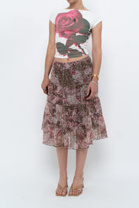 Vintage x Brown, Pink Floral Tiered Midi Skirt (S-L)