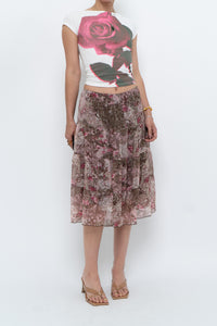 Vintage x Brown, Pink Floral Tiered Midi Skirt (S-L)