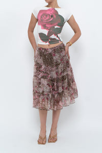 Vintage x Brown, Pink Floral Tiered Midi Skirt (S-L)