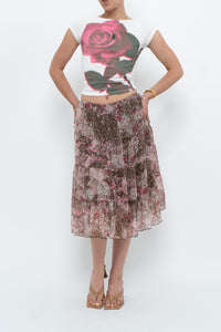 Vintage x Brown, Pink Floral Tiered Midi Skirt (S-L)