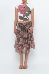 Vintage x Brown, Pink Floral Tiered Midi Skirt (S-L)