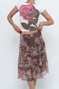Vintage x Brown, Pink Floral Tiered Midi Skirt (S-L)