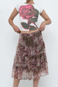 Vintage x Brown, Pink Floral Tiered Midi Skirt (S-L)