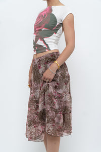 Vintage x Brown, Pink Floral Tiered Midi Skirt (S-L)
