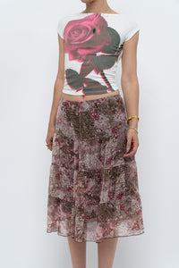 Vintage x Brown, Pink Floral Tiered Midi Skirt (S-L)
