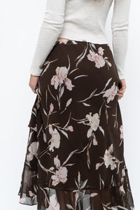 Vintage x CHAPS RALPH LAUREN Brown Floral Frilly Tiered Maxi Skirt (L-3X)