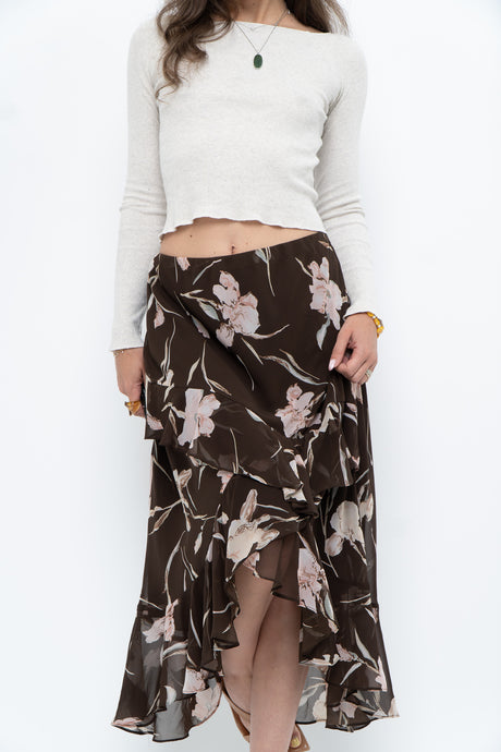 Vintage x CHAPS RALPH LAUREN Brown Floral Frilly Tiered Maxi Skirt (L-3X)