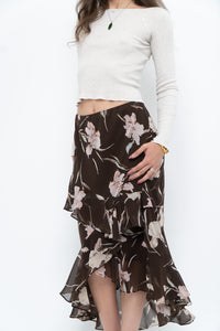 Vintage x CHAPS RALPH LAUREN Brown Floral Frilly Tiered Maxi Skirt (L-3X)