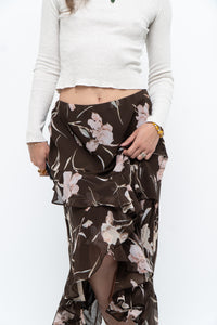 Vintage x CHAPS RALPH LAUREN Brown Floral Frilly Tiered Maxi Skirt (L-3X)