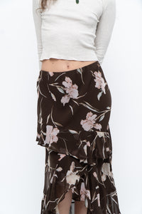 Vintage x CHAPS RALPH LAUREN Brown Floral Frilly Tiered Maxi Skirt (L-3X)