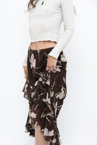 Vintage x CHAPS RALPH LAUREN Brown Floral Frilly Tiered Maxi Skirt (L-3X)