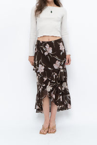 Vintage x CHAPS RALPH LAUREN Brown Floral Frilly Tiered Maxi Skirt (L-3X)