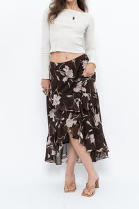 Vintage x CHAPS RALPH LAUREN Brown Floral Frilly Tiered Maxi Skirt (L-3X)