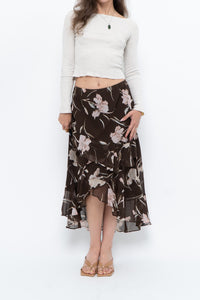 Vintage x CHAPS RALPH LAUREN Brown Floral Frilly Tiered Maxi Skirt (L-3X)
