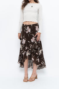 Vintage x CHAPS RALPH LAUREN Brown Floral Frilly Tiered Maxi Skirt (L-3X)