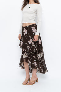 Vintage x CHAPS RALPH LAUREN Brown Floral Frilly Tiered Maxi Skirt (L-3X)