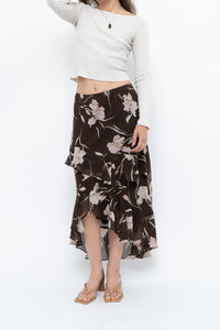 Vintage x CHAPS RALPH LAUREN Brown Floral Frilly Tiered Maxi Skirt (L-3X)