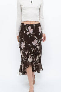Vintage x CHAPS RALPH LAUREN Brown Floral Frilly Tiered Maxi Skirt (L-3X)