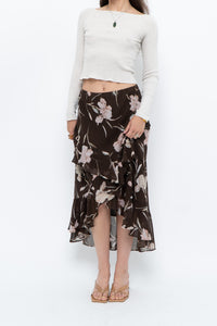 Vintage x CHAPS RALPH LAUREN Brown Floral Frilly Tiered Maxi Skirt (L-3X)
