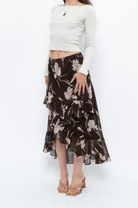 Vintage x CHAPS RALPH LAUREN Brown Floral Frilly Tiered Maxi Skirt (L-3X)