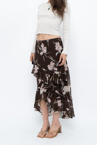 Vintage x CHAPS RALPH LAUREN Brown Floral Frilly Tiered Maxi Skirt (L-3X)