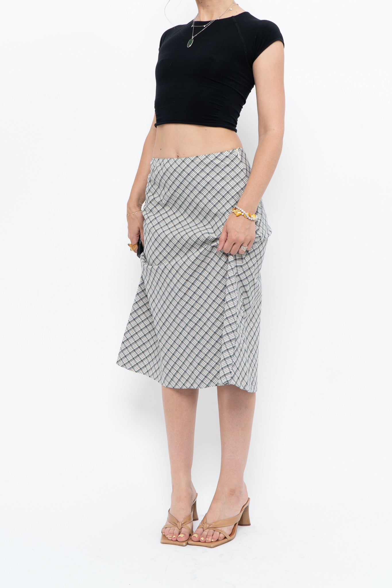 Modern x Made in USA x Black, White Cotton-blend Checkered Midi Skirt (XS, S)