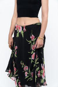 Vintage x Black, Pink Floral Flowy Midi Skirt (XS-M)